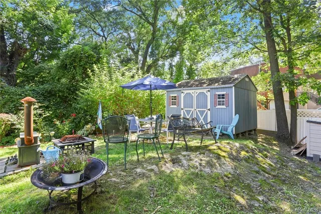 a backyard of a house with yard table and chairs