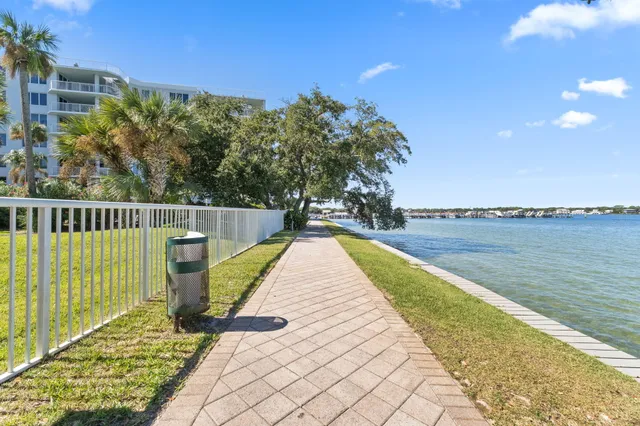 a view of a swimming pool with a bench and some trees