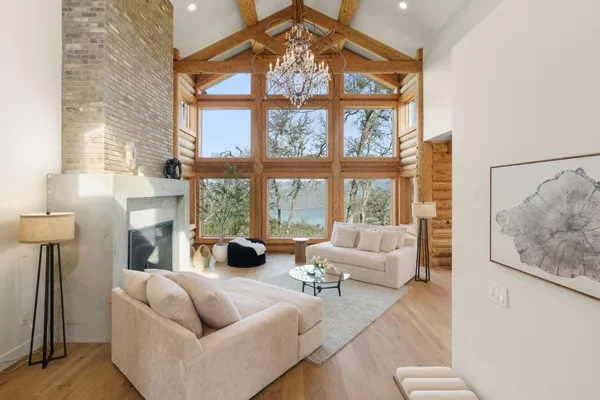 a view of a dining room with furniture window and outside view