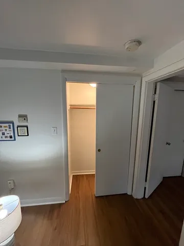 a view of a bathroom with wooden floor and a toilet