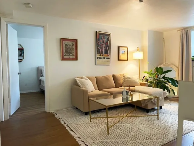 a living room with furniture and a rug