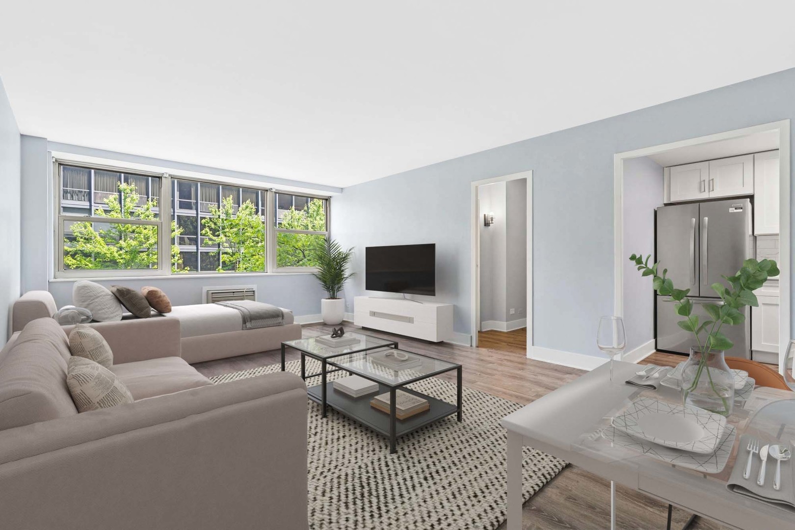 253 East Delaware Place, Unit 4D Chicago, IL 60611 - Photo 4 of 14 a living room with furniture and a flat screen tv