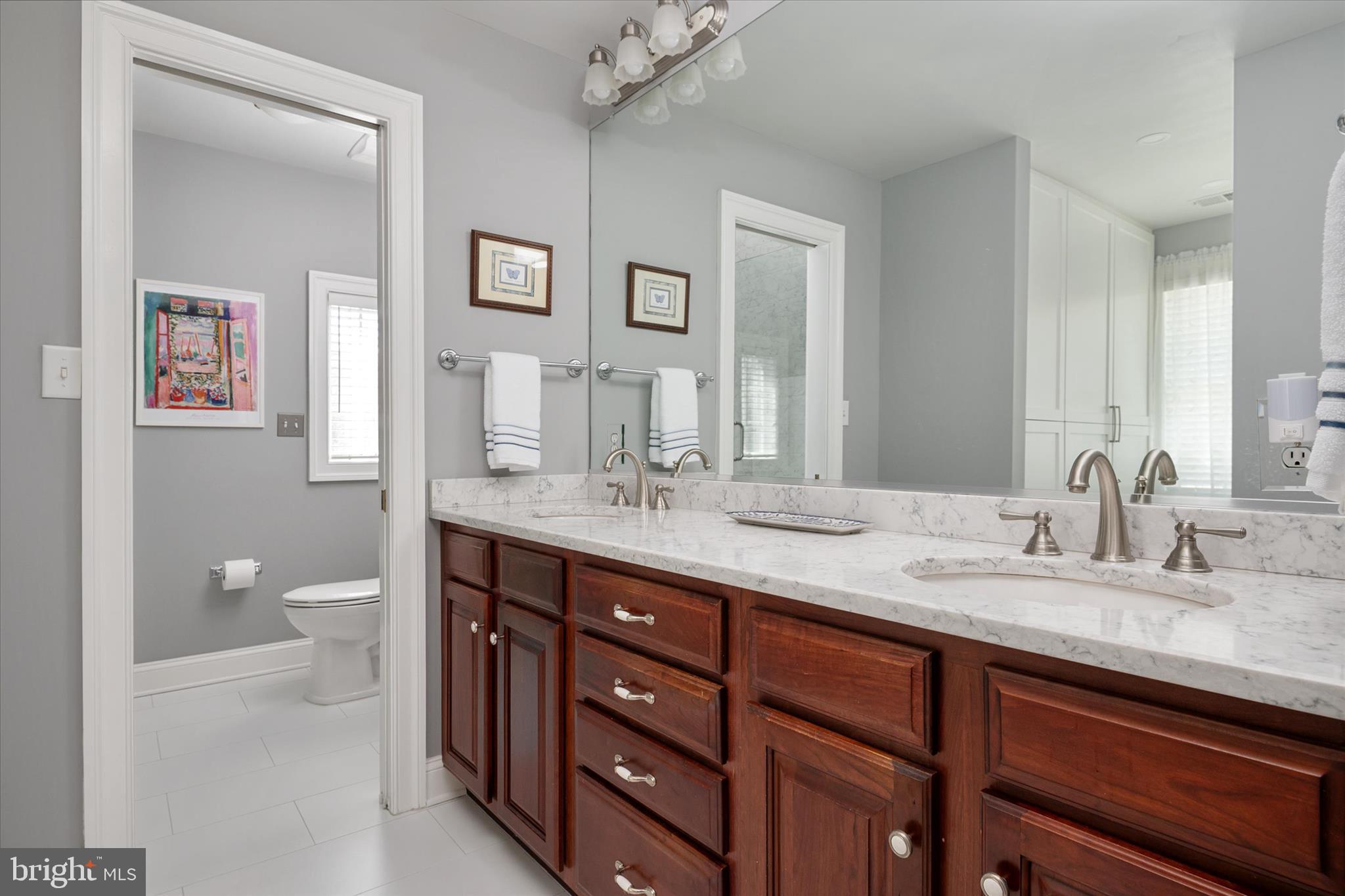 14 Severn River Road Severna Park, MD 21146 - Photo 40 of 73 a bathroom with a granite countertop double vanity sinks a mirror and a toilet