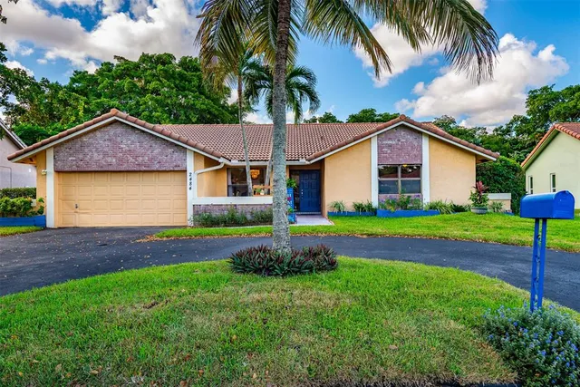 a front view of house with yard and green space
