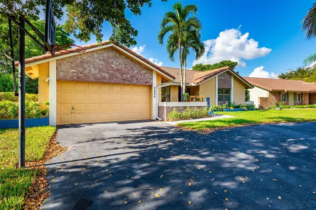 a view of a house with a swimming pool and a yard