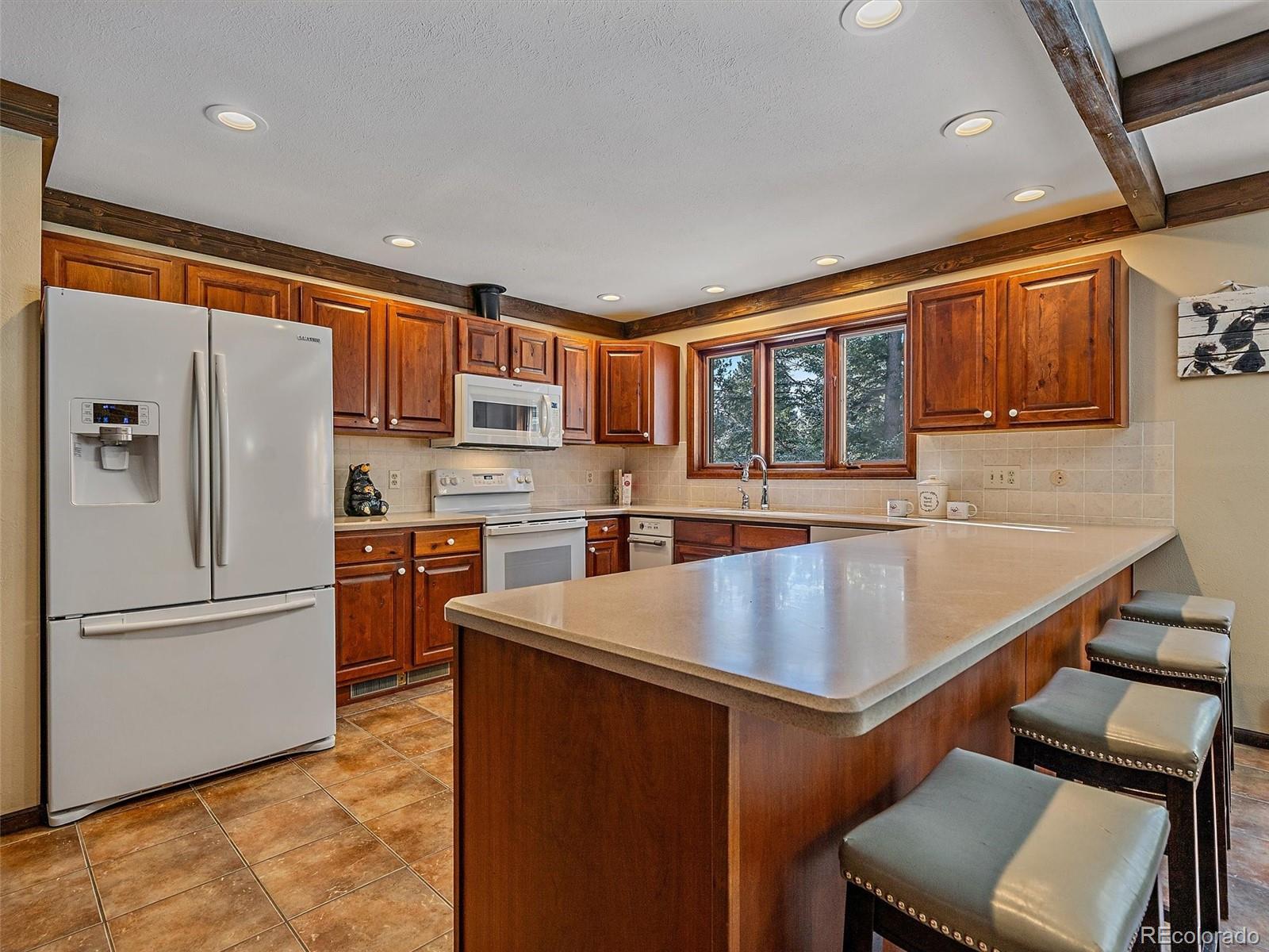 7990 Tim Tam Trail Evergreen, CO 80439 - Photo 9 of 45 a kitchen with stainless steel appliances granite countertop a refrigerator a stove and a sink