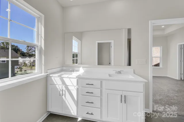 a bathroom with a double vanity sink mirror and