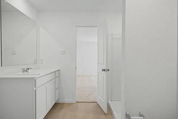 a bathroom with a sink and mirror