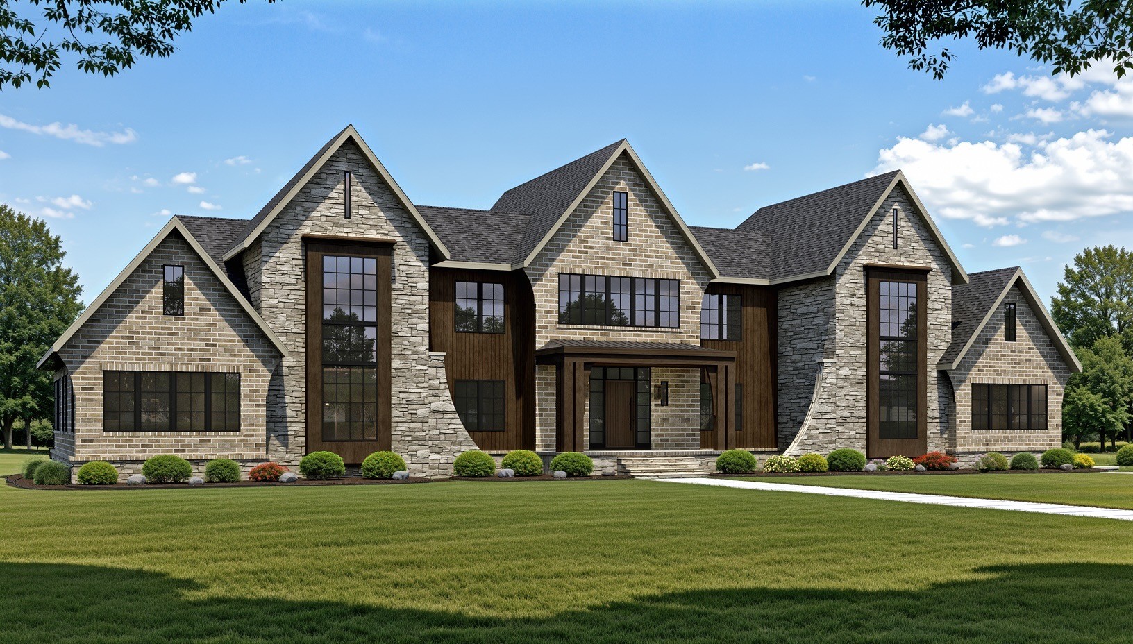 a front view of a house with a garden and yard