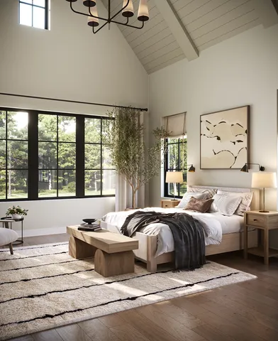 a spacious bedroom with a large bed and a large window