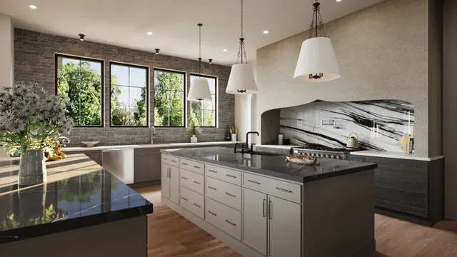 a kitchen with stainless steel appliances granite countertop a sink a stove and a wooden floors