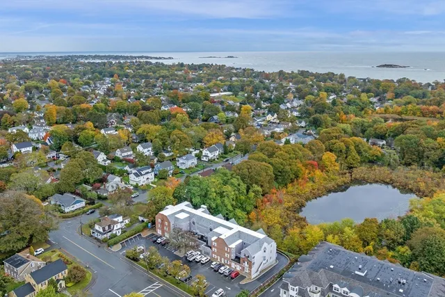 an aerial view of a house with a outdoor space