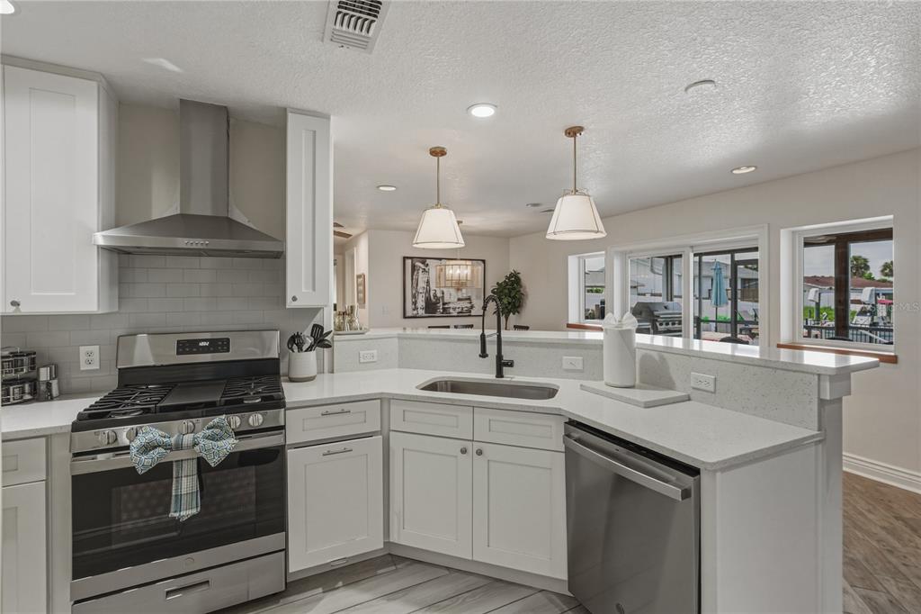 1004 Sago Palm Way Apollo Beach, FL 33572 - Photo 15 of 92 a kitchen with stainless steel appliances granite countertop a sink stove oven and white cabinets