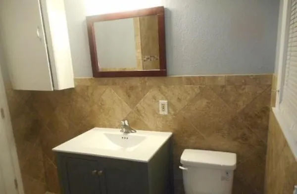 a bathroom with a sink a mirror and a toilet