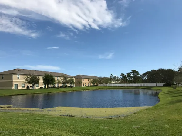 a view of a swimming pool with a yard and plants