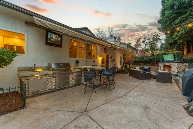 a view of a dining room with furniture window and outside view