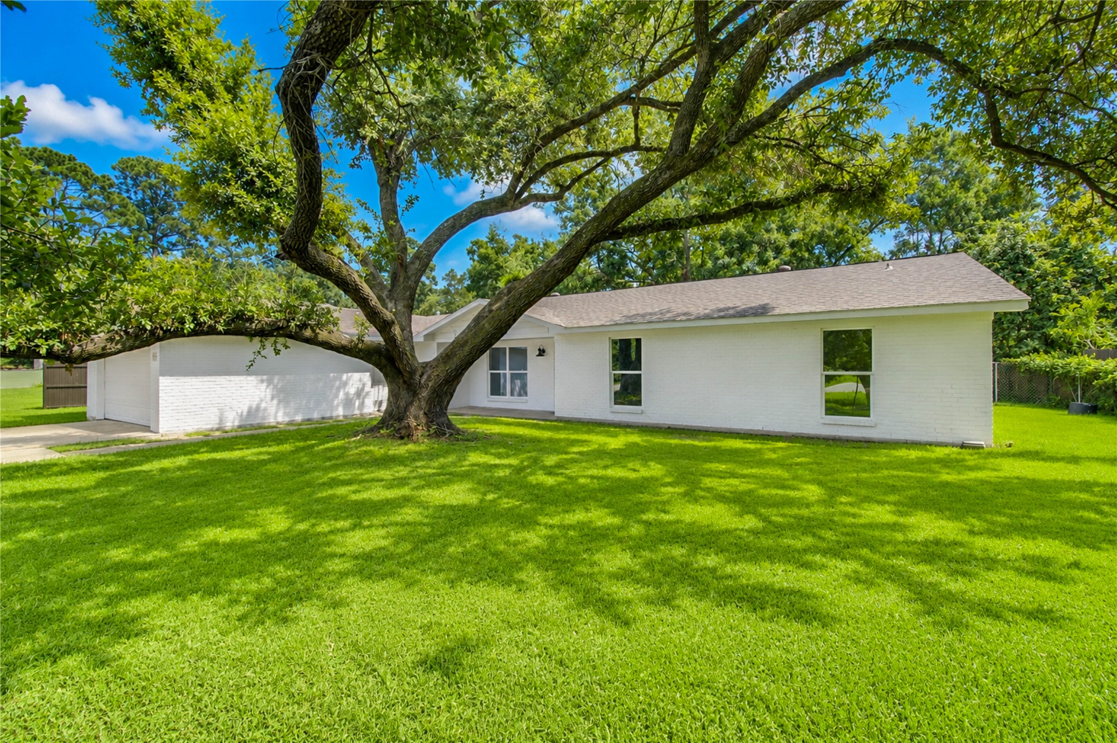5411 Logston Lane Spring, TX 77389 - Photo 4 of 50 Charming white brick home with a spacious yard, highlighted by a stunning, mature tree that provides ample shade and character.