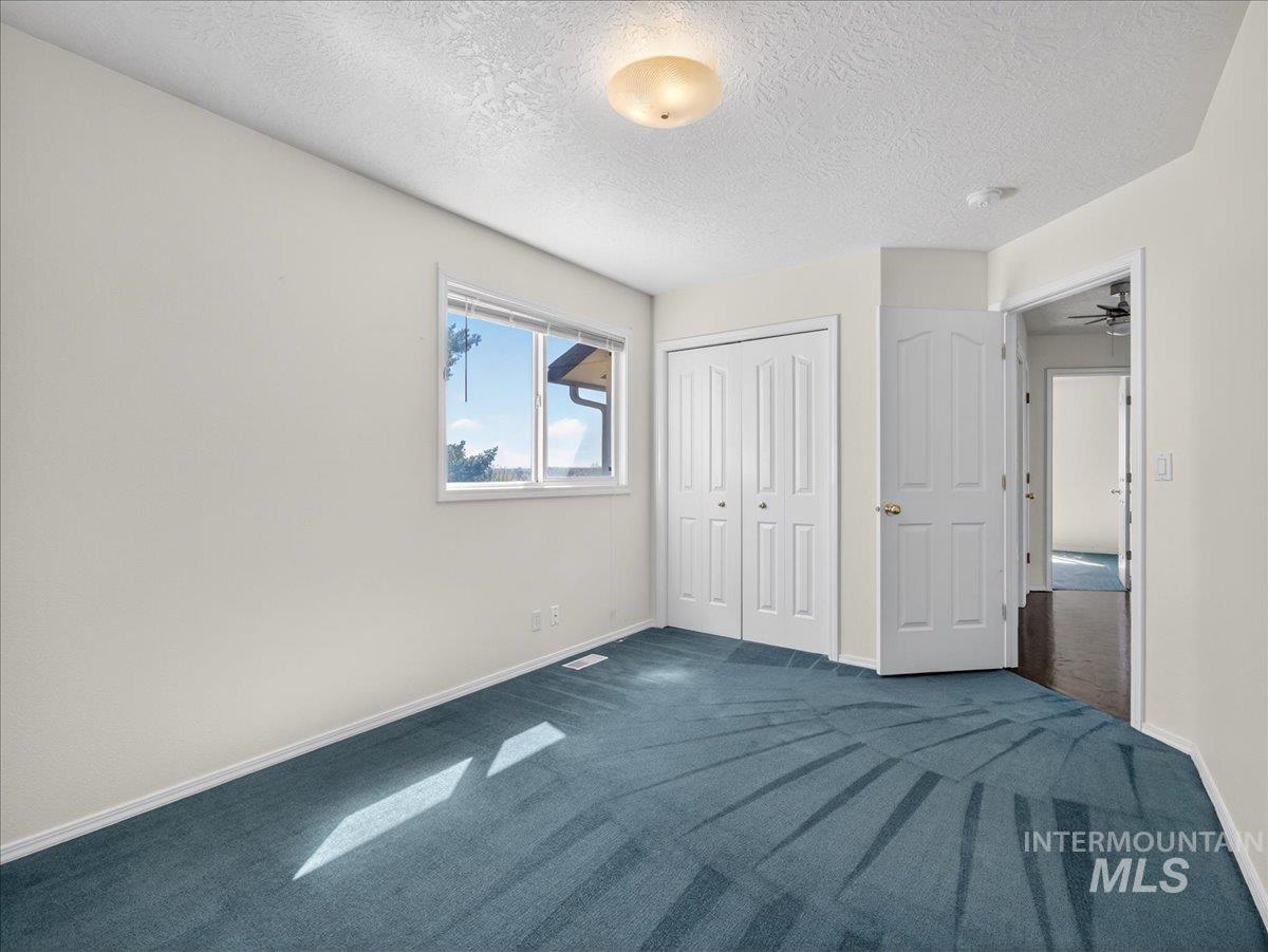 398 Pebble Beach Way Eagle, ID 83616 - Photo 28 of 35 Room featuring blue patterned carpeting, a double-panel closet door, a single window, and a flush mount ceiling light