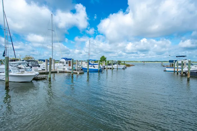 a view of water with boats and trees in the background