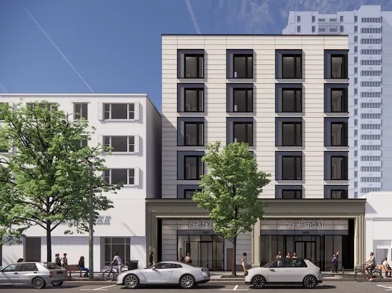 a front view of a building with street view