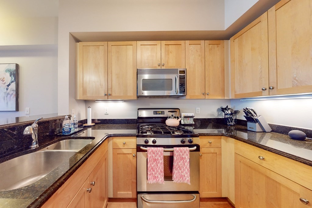 550 Pleasant Street, Unit 208 Winthrop, MA 02152 - Photo 13 of 32 a kitchen with stainless steel appliances granite countertop a sink a stove and cabinets