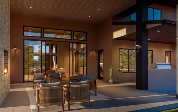 a view of a building with sitting area