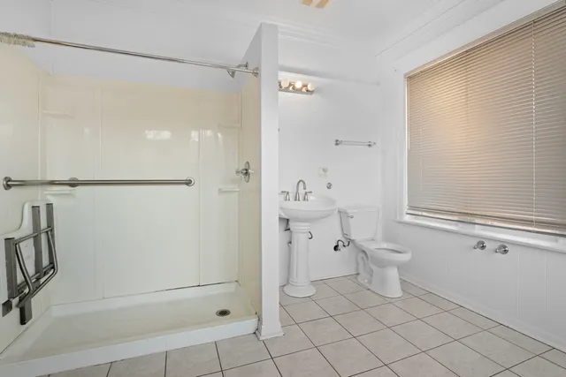 a bathroom with a shower and a toilet