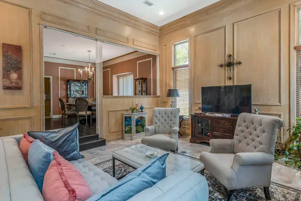 a view of a dining room with furniture
