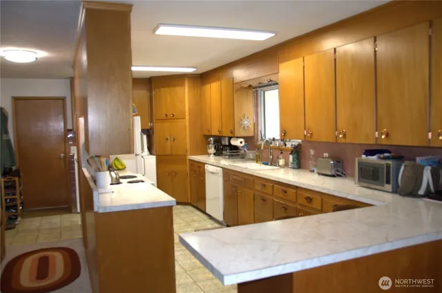 a kitchen with a sink stainless steel appliances a counter top space and cabinets