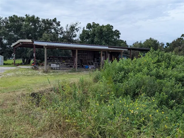 a view of backyard with large trees and plants