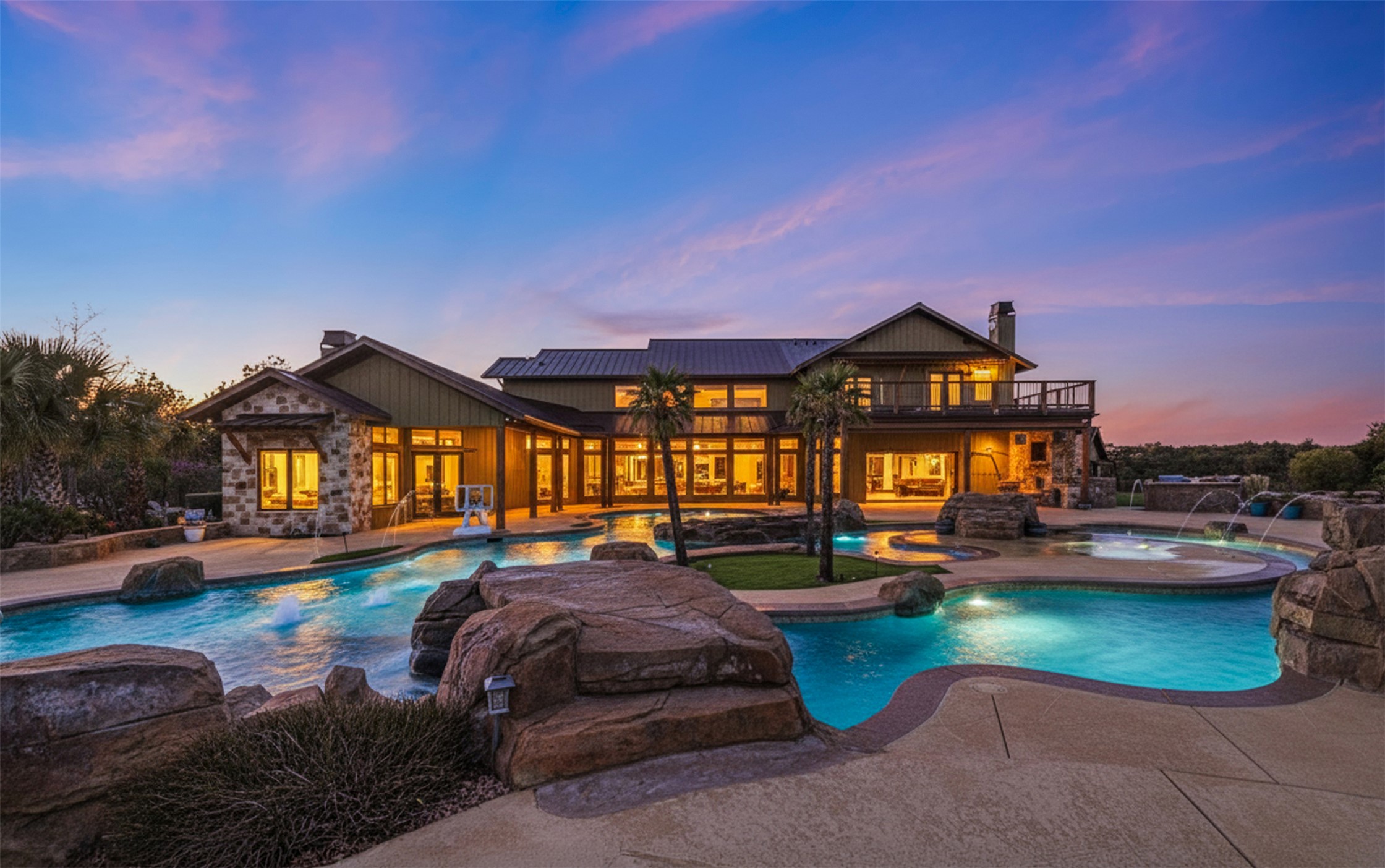 a front view of a house with a garden and swimming pool