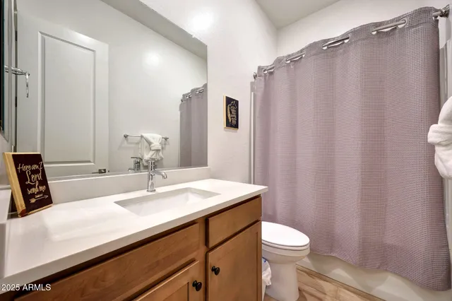 a bathroom with a sink a toilet and shower curtain