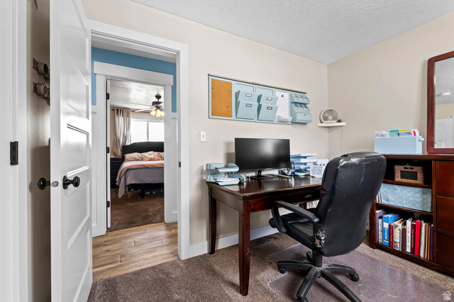141 North 600 East Mapleton, UT 84664 - Photo 25 of 44 Office area featuring light carpet, a textured ceiling, light wood finished floors, and a ceiling fan