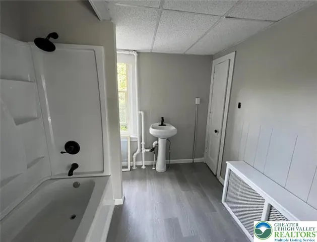a bathroom with a bathtub and a shower