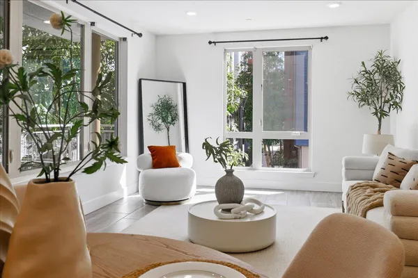 a living room with furniture and a potted plant
