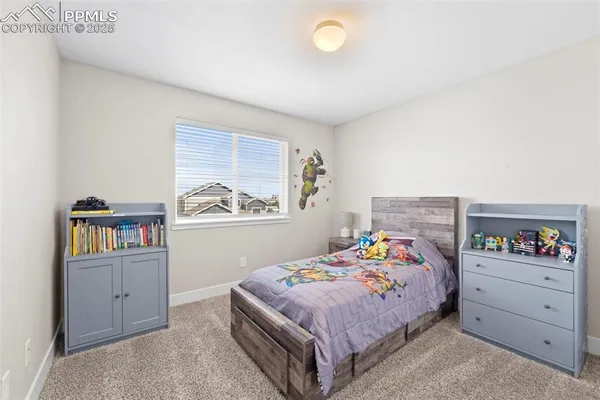 a bedroom with a bed and dresser