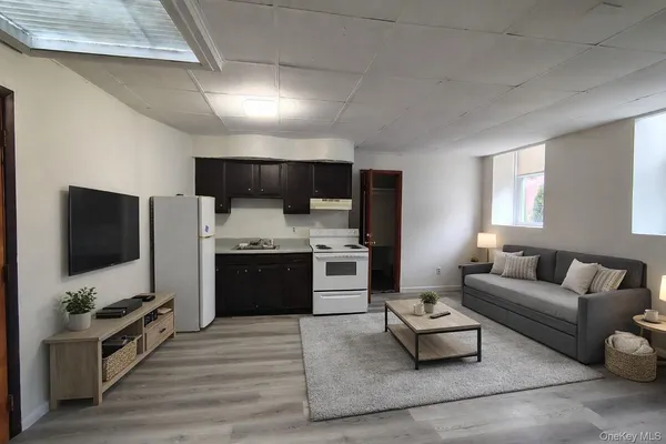 a living room with stainless steel appliances furniture and a flat screen tv