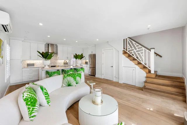 a living room with furniture and a potted plant