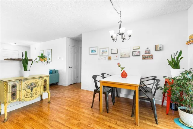 a view of a dining room with furniture wooden floor and a chandelier