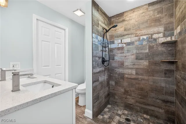a bathroom with a sink and a shower