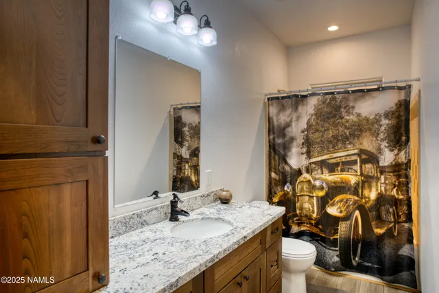 a bathroom with a granite countertop sink toilet and shower