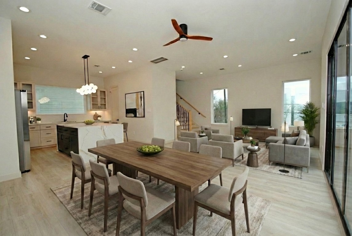 a view of a dining room with furniture