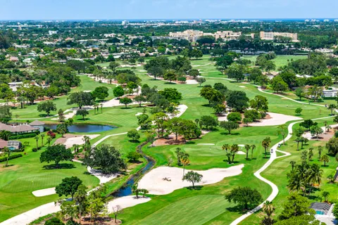 a view of a lake with a city