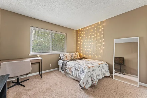 a bedroom with a bed chair and a window