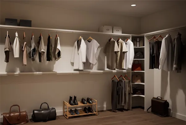 a view of walk in closet with clothes and shoes