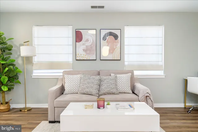 a living room with furniture and a potted plant