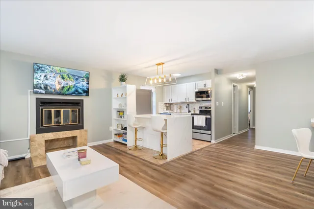 a living room with stainless steel appliances furniture a rug and a kitchen view