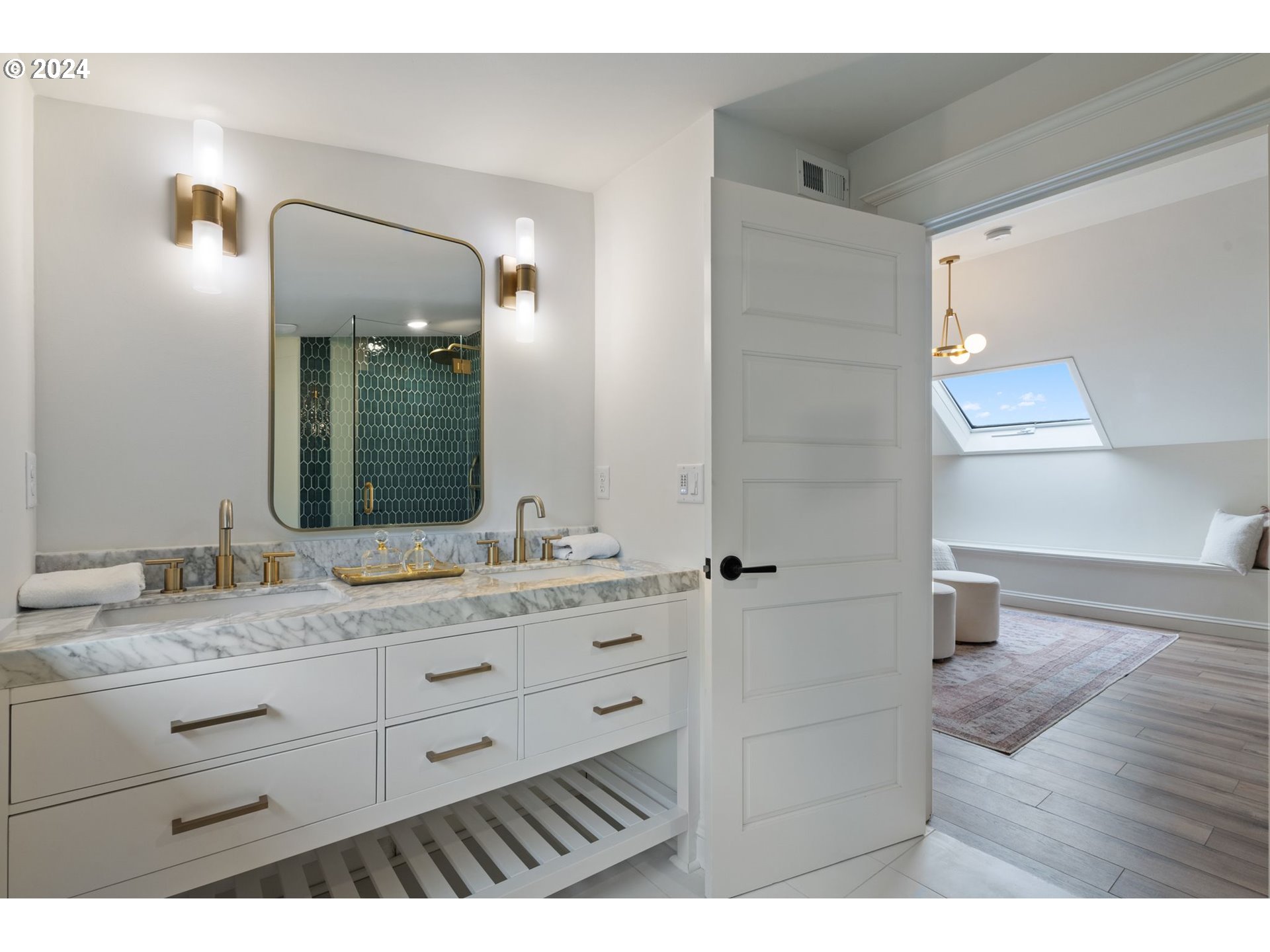 2548 Southwest St Helens Court Portland, OR 97201 - Photo 23 of 42 a bathroom with a sink a mirror and a shower