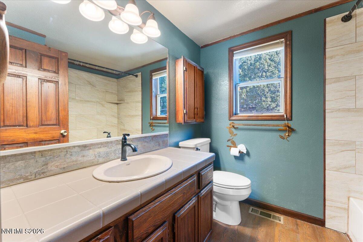 21381 Crestview Road Reno, NV 89521 - Photo 26 of 30 a bathroom with a sink a toilet and a large mirror