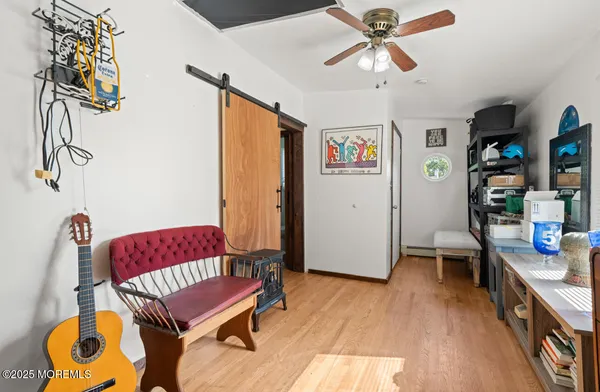 a living room with furniture and a table